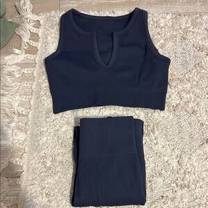 Seamless ribbed Navy Work out legging /Top set